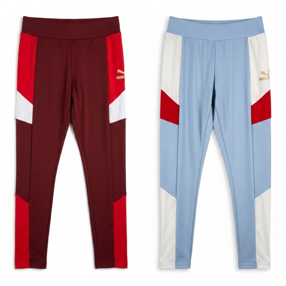 Puma Women's Retro Ribbed Colorblock‎ Leggings Burgundy Blue Size XL 2 Pairs